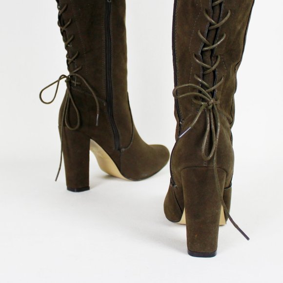 ShoeDazzle Brown Faux Suede Thigh-high Lace-up Boots - Picture 6 of 16